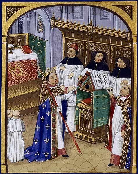 Jean Fouquet: Le saint roi Robert le Pieux avec les chanoines d'Orléans (Grandes Chroniques, XVe siècle)