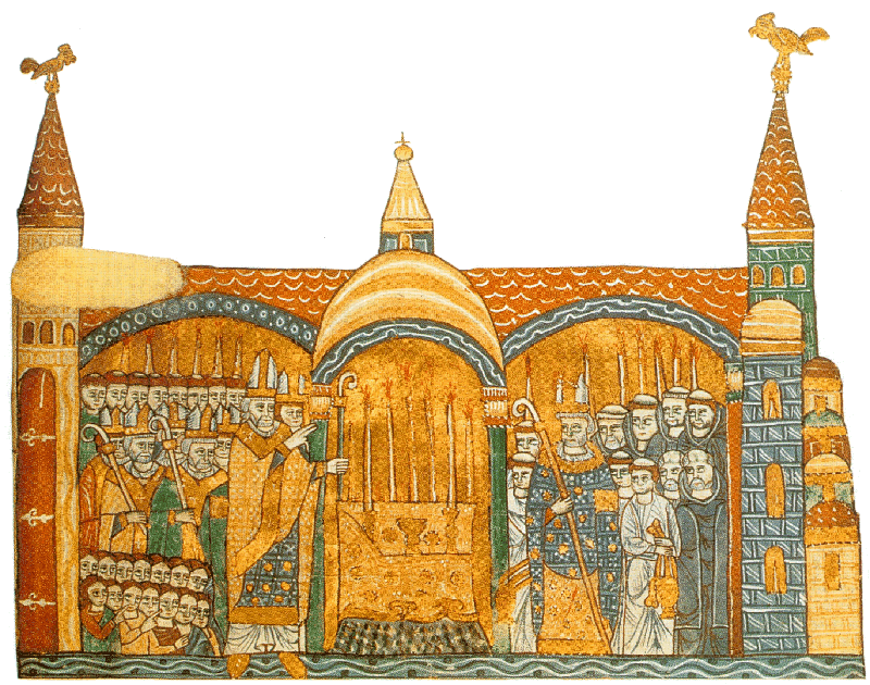 Consécration de Cluny en 1095 par le pape Urbain II (manuscrit latin 17716 de la BNF, folio 91)