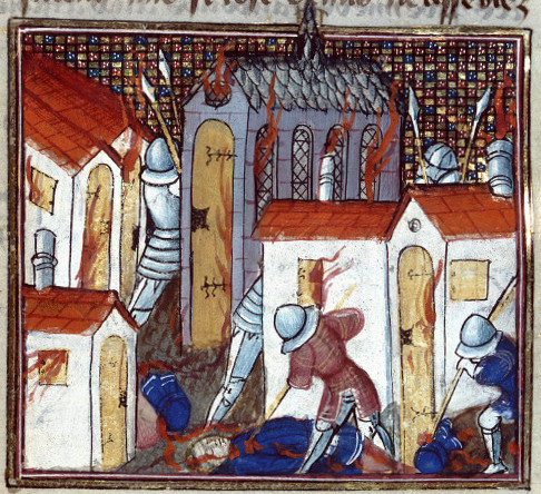 Pillage commis par des Anglais pendant la Guerre de Cent ans (illustration des Chroniques de Jean Froissard: Pillage de Saint-Lô par les Anglais en 1346 (BM de Besançon, ms. 0864, f°130, début du XVe siècle, cliché IRHT)