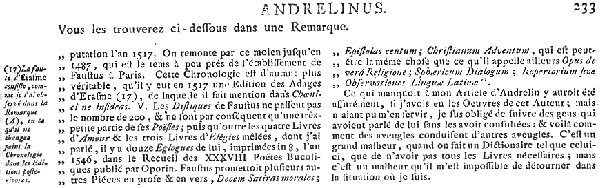 Bayle: Andrelin (Dictionnaire, tome I, p. 233)