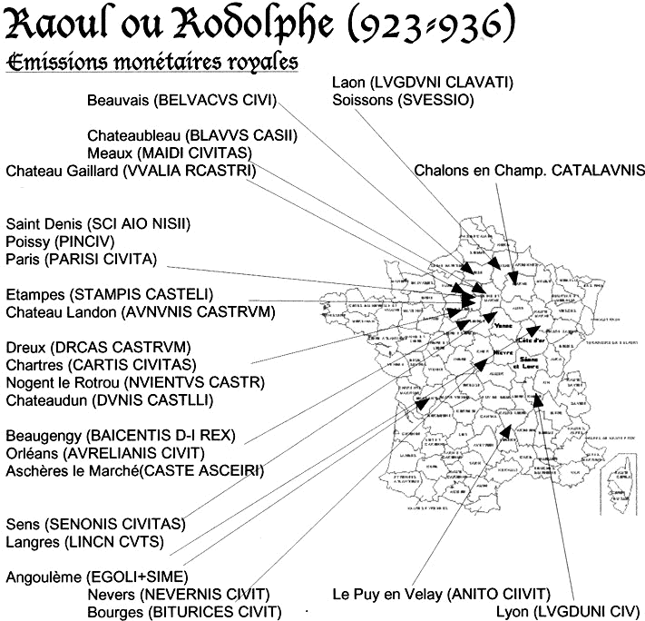 Carte des ateliers monétaires émettant sous le roi Raoul