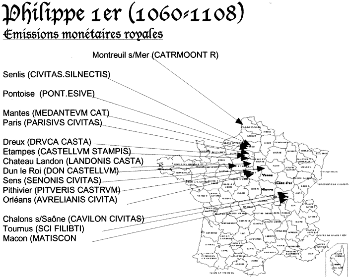 Carte des ateliers monétaires émettant sous Philippe Ier