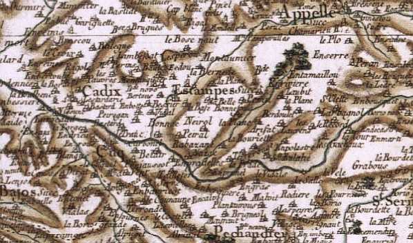 Estampes, hameau de Cuq-Toulza (Tarn) sur la carte de Cassini de 1756