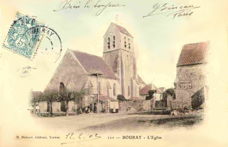 Bouray (carte postale Mulard n&deg;111 coloris&eacute;e: L'Eglise)