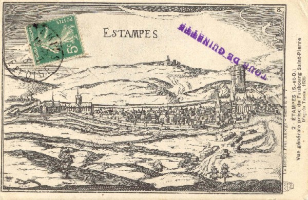 Vue générale d'Etampes, prise du Faubourg Saint-Pierre, en 1636, par Tassin (carte postale de Paul Allorge n°2)