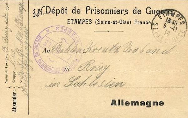 Courrier émanant du dépôt de prisonniers du dépôt d'Etampes