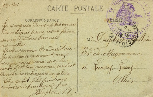 Carte envoyée par Aimé Duplaix le 13 mai 1918