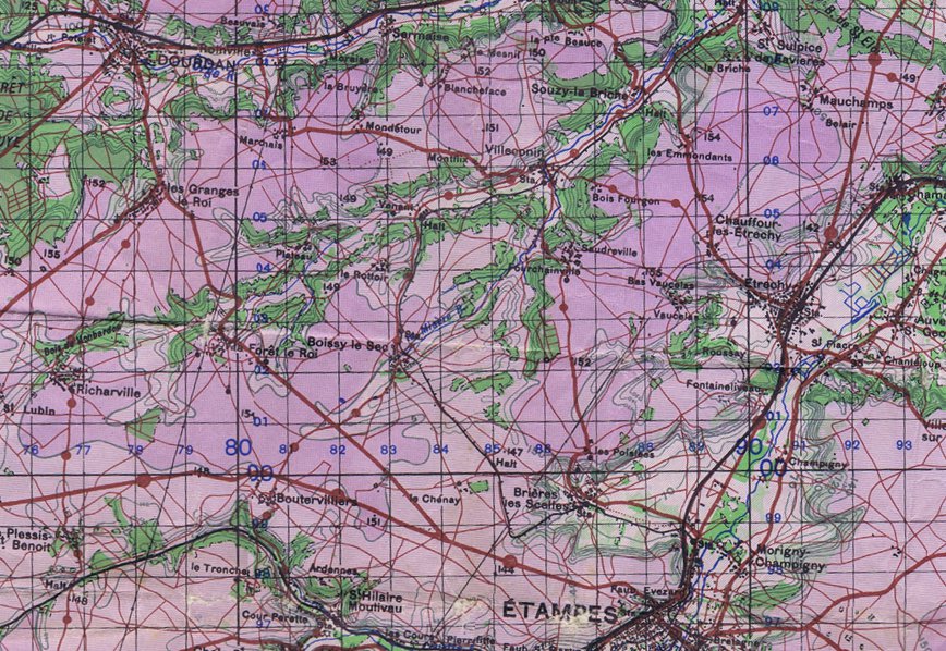 Environs de Boissy-le-Sec (carte britannique de l'Île-de-France, vers 1944)