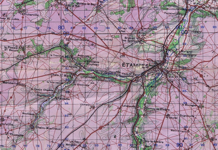 Environs de Chalo-Saint-Mars (carte britannique de l'Île-de-France, vers 1944)