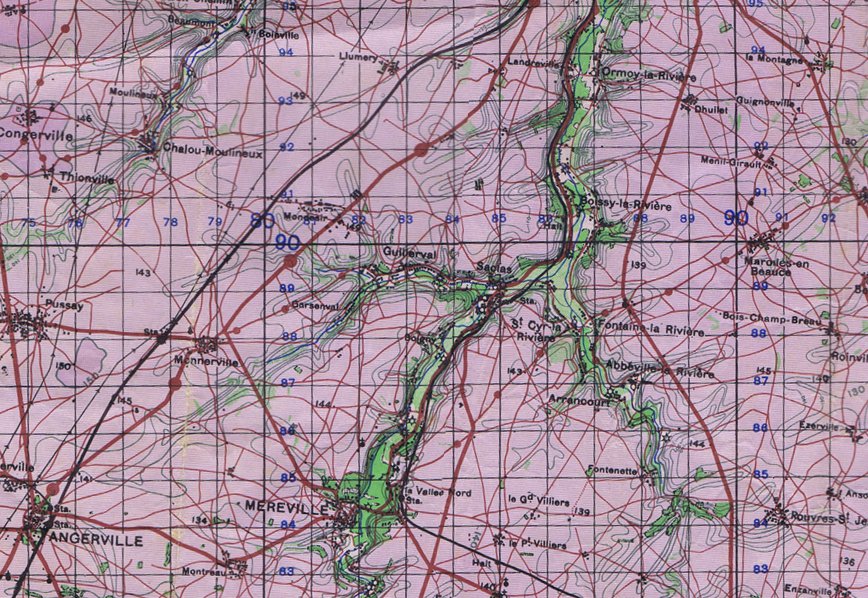 Environs de Saclas et Méréville (carte britannique de l'Île-de-France, vers 1944)