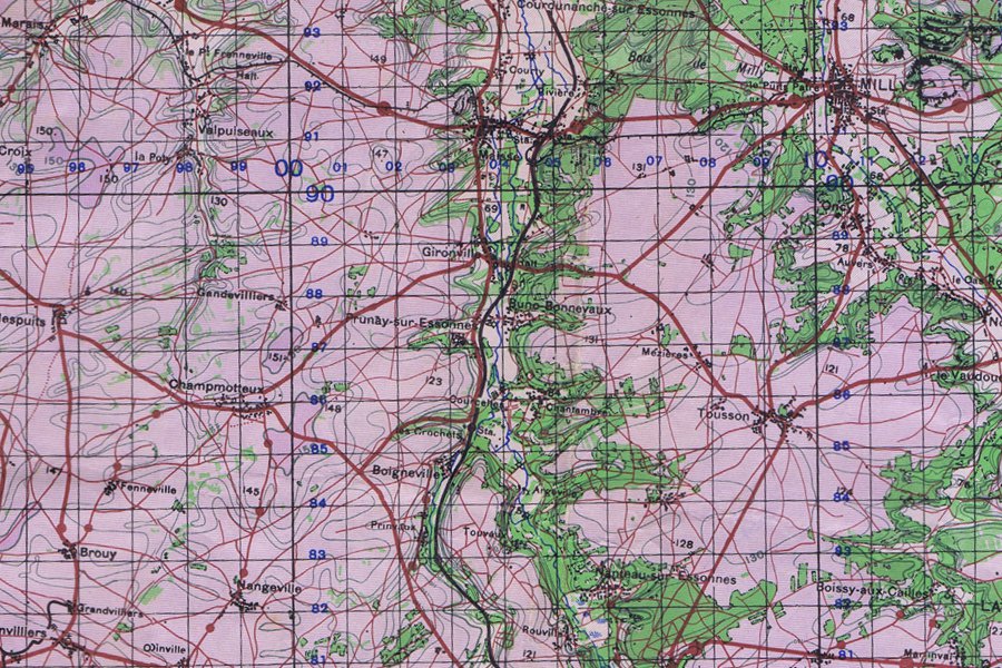 Environs de Buno-Bonnevaux (carte britannique de l'Île-de-France, vers 1944)
