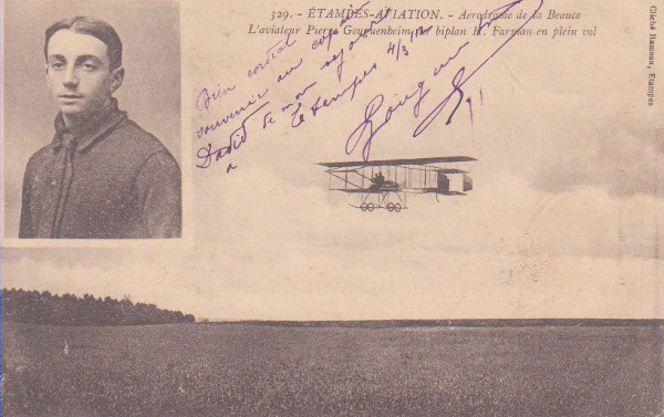 Carte postale de l'aviateur Pierre Gouguenheim dédicacée au mécanicien Louis Davis