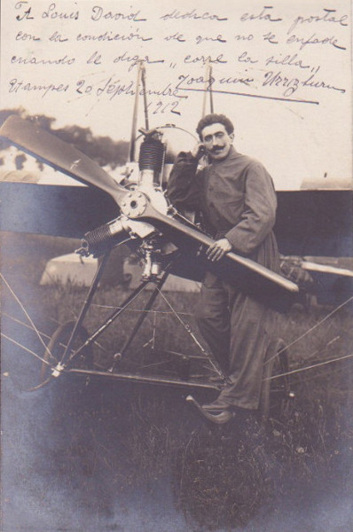 Carte postale de l'aviateur Joaquin Urrizburu dédicacée au mécanicien Louis Davis