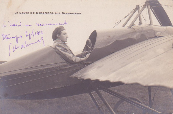 Carte postale de l'aviateur Georges de Mirandol dédicacée au mécanicien Louis Davis