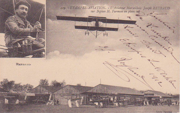 Carte postale de l'aviateur Joseph Reybaud dédicacée au mécanicien Louis Davis