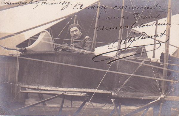 Carte postale de l'aviateur Albert Touvet dédicacée au mécanicien Louis Davis