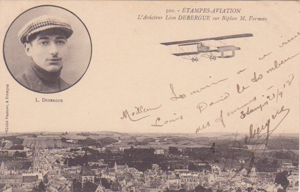 Carte postale de l'aviateur Léon Debergue dédicacée au mécanicien Louis Davis