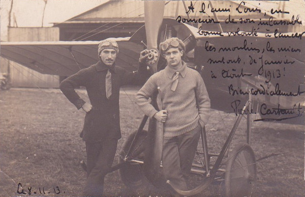 Carte postale de l'aviateur Pierre Cartault dédicacée au mécanicien Louis Davis