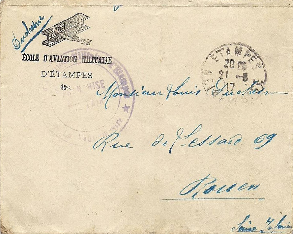 Enveloppe postée par Fernand Duchesne (Étampes, 21 août 1917)