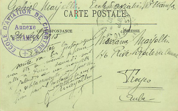 Carte postale envoyée par Gabriel Marjollin, scrétaire à l'école d'aviation d'Etampes (Etampes, 24 septembre 1915)